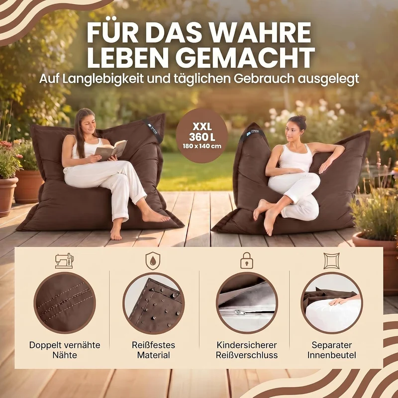 LazyBag XXL Sitzsack - Wasserfestes Outdoor Sitzkissen 180x140 cm