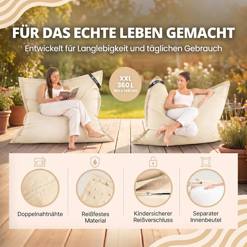 LazyBag XXL Sitzsack - Wasserfestes Outdoor Sitzkissen 180x140 cm