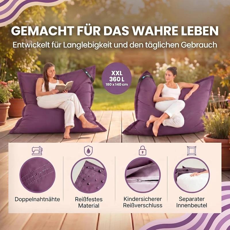 LazyBag XXL Sitzsack - Wasserfestes Outdoor Sitzkissen 180x140 cm