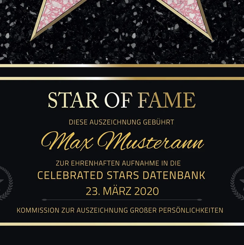 Personalisierte Hollywood Star Urkunde mit Holzrahmen – DIN A4