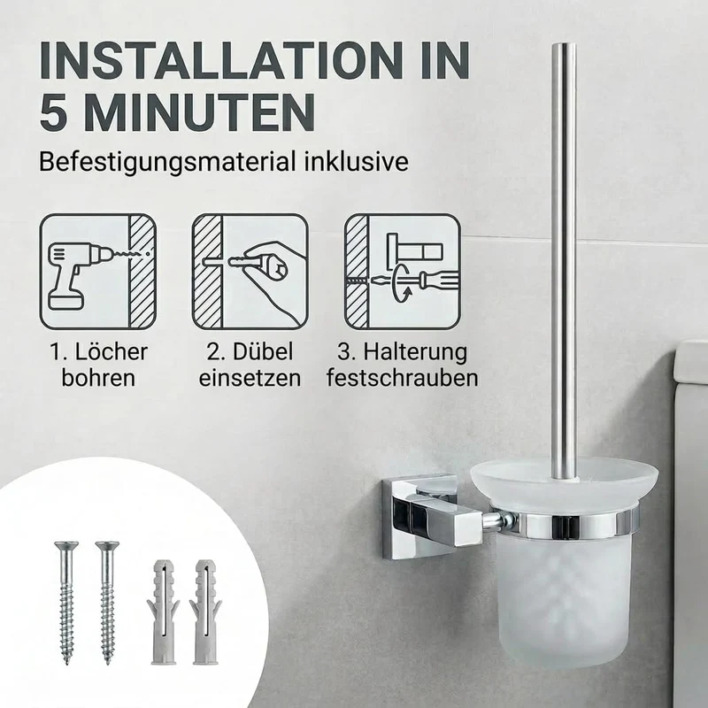 Edelstahl WC-Garnitur mit Chrom-Halter & Glas-Behälter