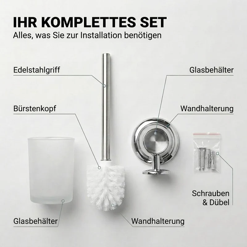 Edelstahl WC-Garnitur mit Chrom-Halter & Glas-Behälter