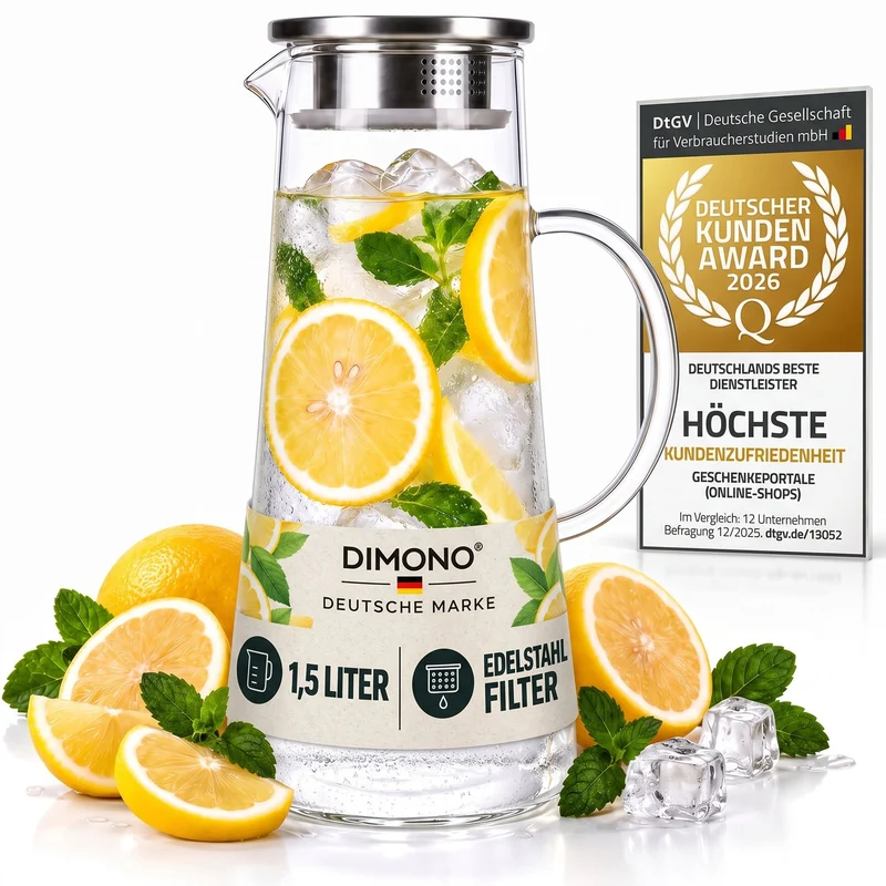 Dimono Glaskrug 1,5L mit Edelstahl-Filter – Hitzebeständige Karaffe