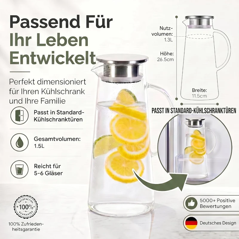Dimono Glaskrug 1,5L mit Edelstahl-Filter – Hitzebeständige Karaffe