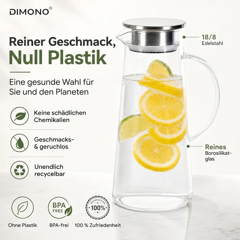Dimono Glaskrug 1,5L mit Edelstahl-Filter – Hitzebeständige Karaffe