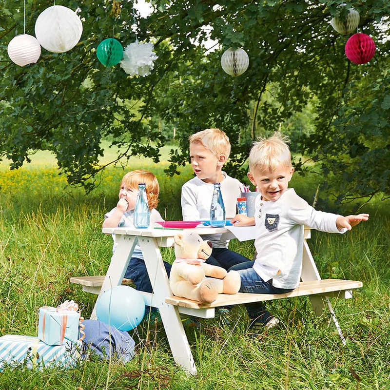 Sitzgarnitur für bis zu 4 Kinder Vollmassiv Nadelholz, Weiß & Natur