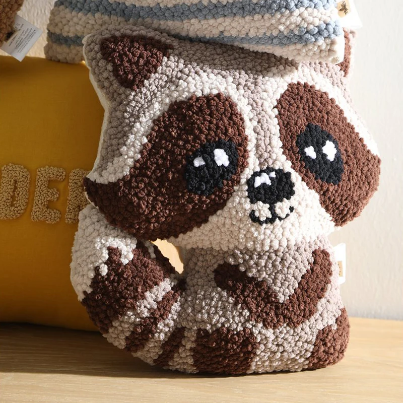 Waschbär Kissen 37x34 cm, Punch-Nadel-Stickerei & Leinenstoff