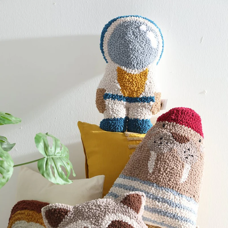 Astronauten Kissen 40x25 cm, Punch-Nadel-Stickerei & Leinenstoff