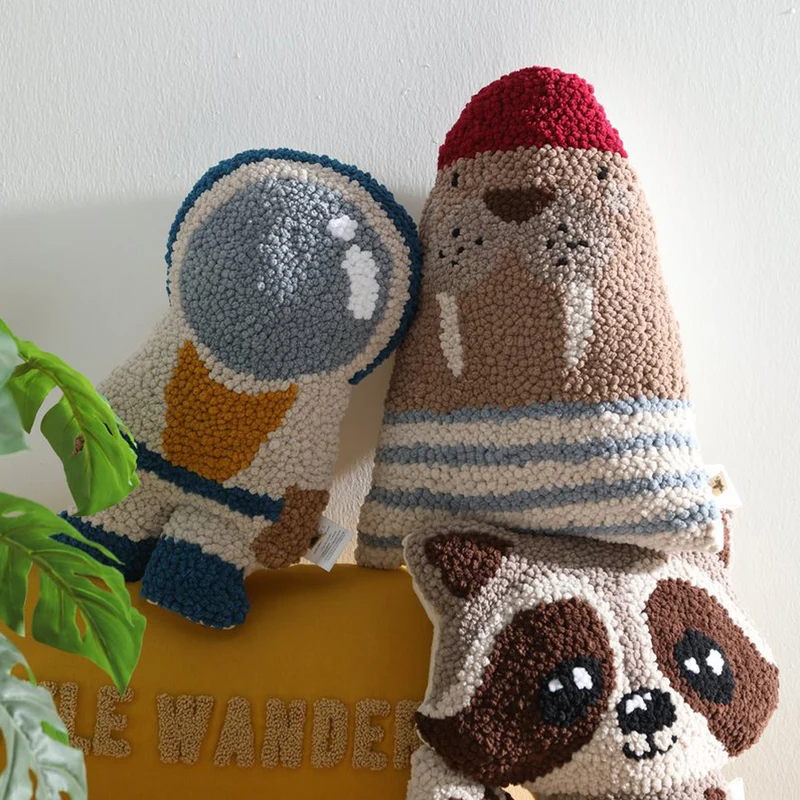 Astronauten Kissen 40x25 cm, Punch-Nadel-Stickerei & Leinenstoff