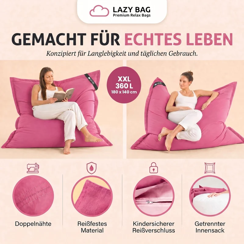 LazyBag XXL Sitzsack 180x140 cm aus Baumwolle – 360L Komfort