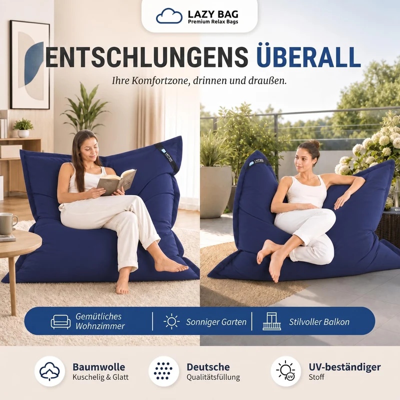 LazyBag XXL Sitzsack 180x140 cm aus Baumwolle – 360L Komfort