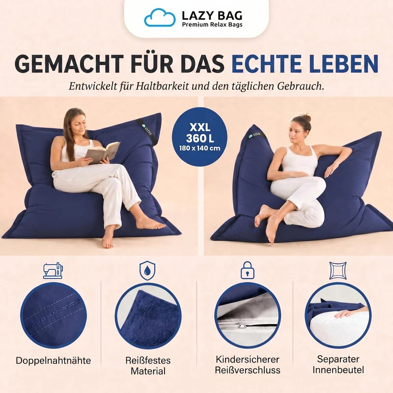 LazyBag XXL Sitzsack 180x140 cm aus Baumwolle – 360L Komfort