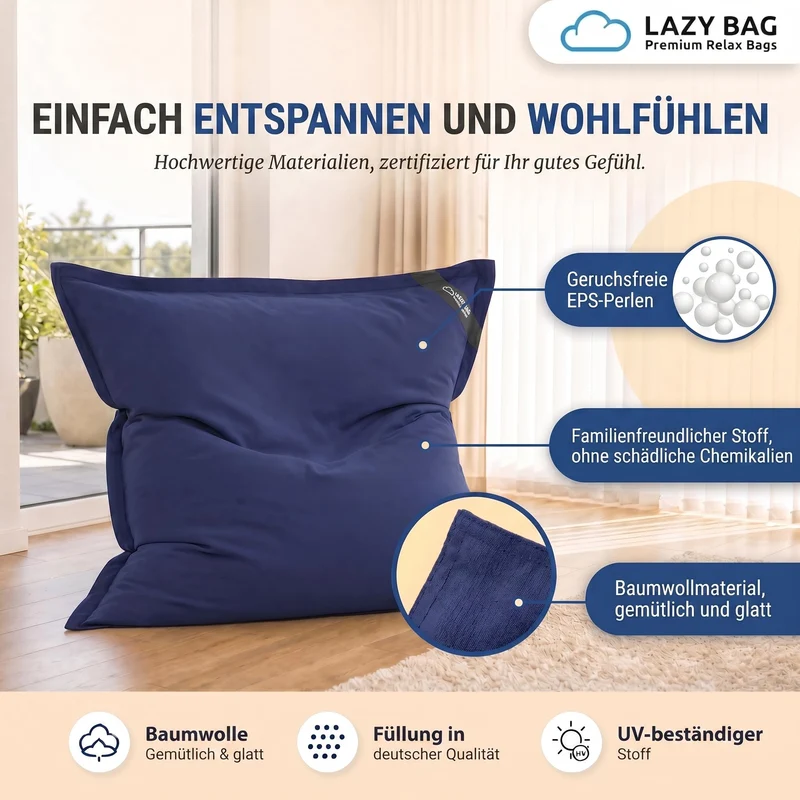 LazyBag XXL Sitzsack 180x140 cm aus Baumwolle – 360L Komfort