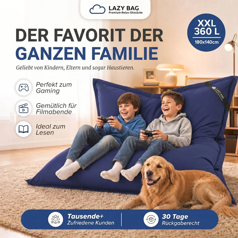 LazyBag XXL Sitzsack 180x140 cm aus Baumwolle – 360L Komfort