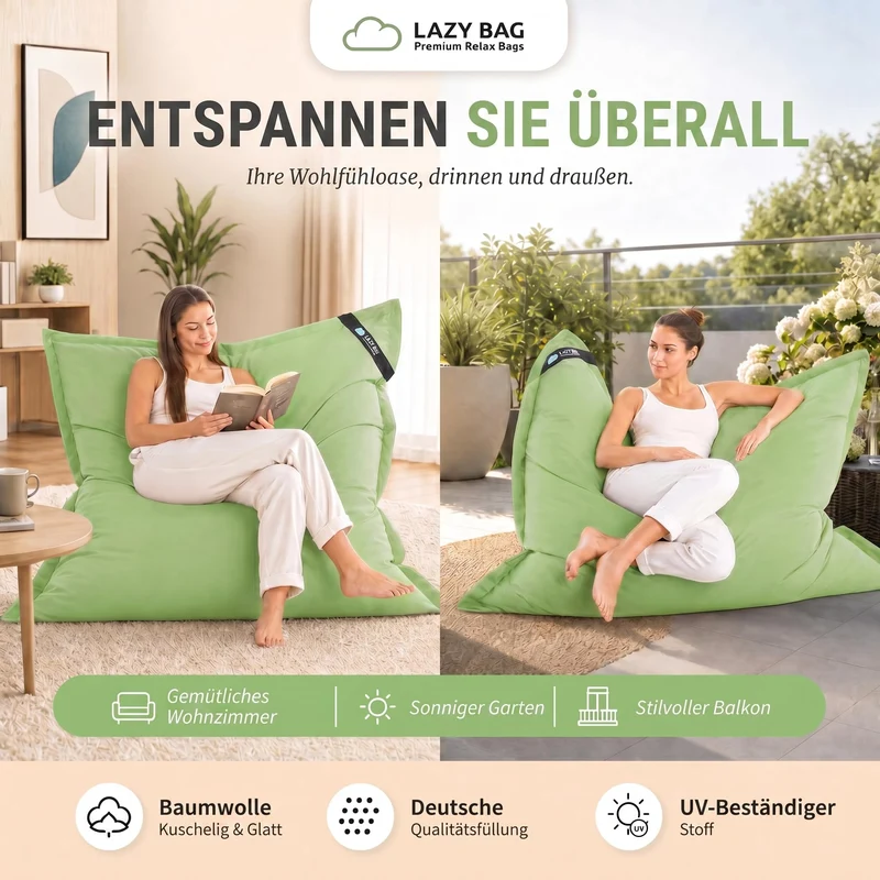 LazyBag XXL Sitzsack 180x140 cm aus Baumwolle – 360L Komfort