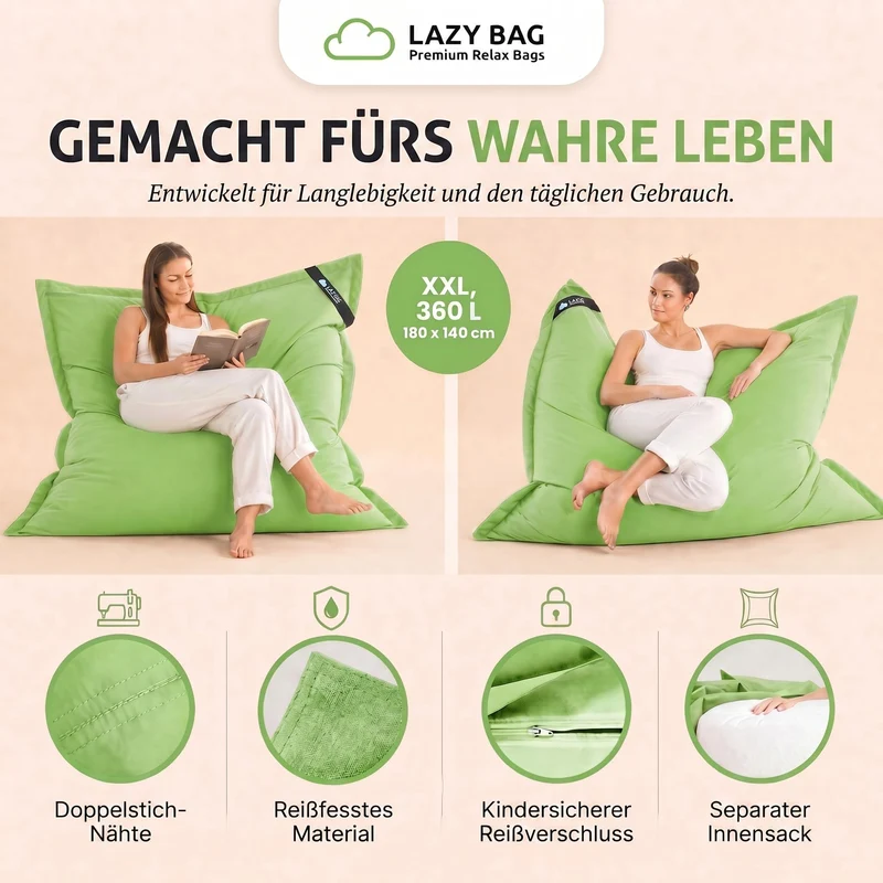 LazyBag XXL Sitzsack 180x140 cm aus Baumwolle – 360L Komfort