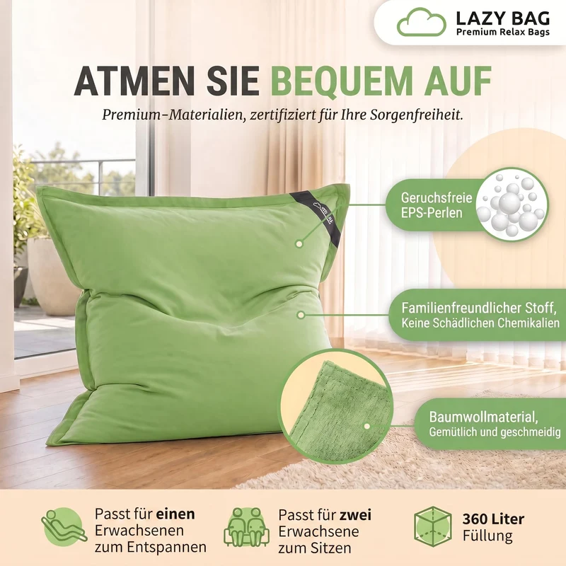 LazyBag XXL Sitzsack 180x140 cm aus Baumwolle – 360L Komfort