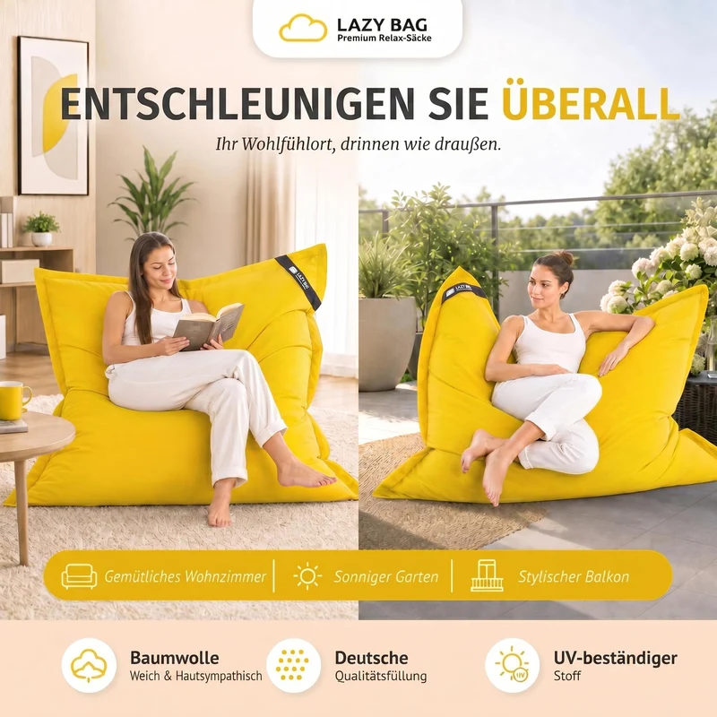 LazyBag XXL Sitzsack 180x140 cm aus Baumwolle – 360L Komfort