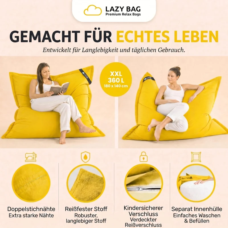 LazyBag XXL Sitzsack 180x140 cm aus Baumwolle – 360L Komfort