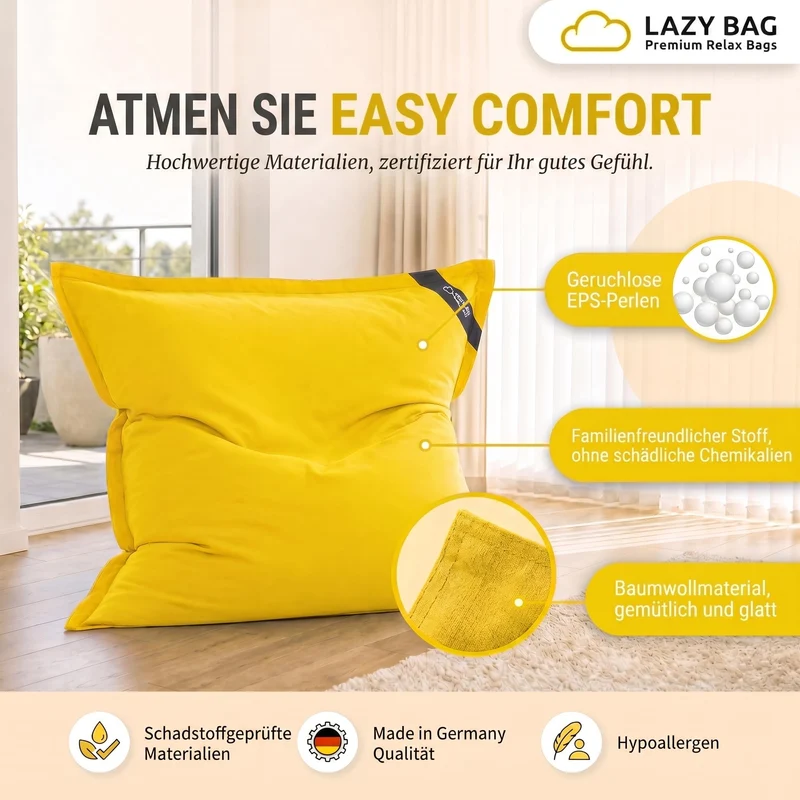 LazyBag XXL Sitzsack 180x140 cm aus Baumwolle – 360L Komfort