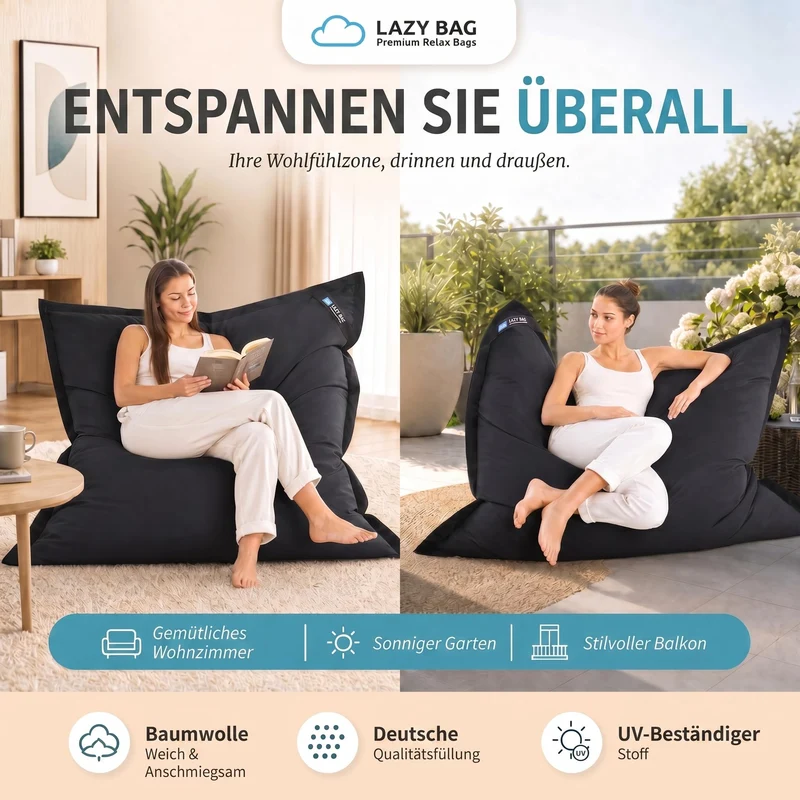 LazyBag XXL Sitzsack 180x140 cm aus Baumwolle – 360L Komfort