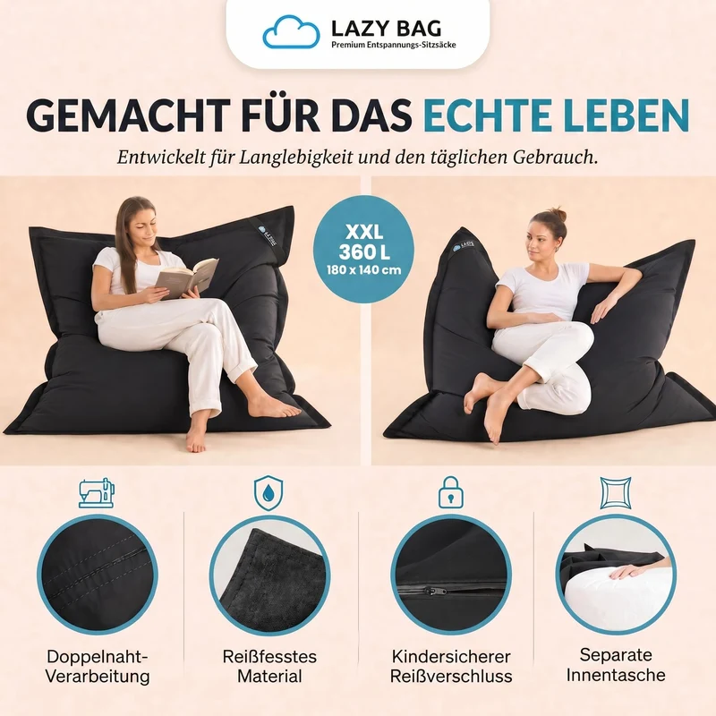 LazyBag XXL Sitzsack 180x140 cm aus Baumwolle – 360L Komfort