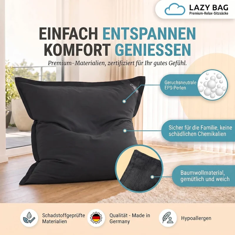 LazyBag XXL Sitzsack 180x140 cm aus Baumwolle – 360L Komfort