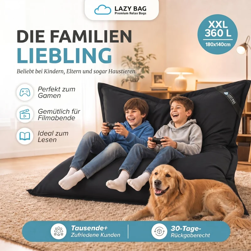 LazyBag XXL Sitzsack 180x140 cm aus Baumwolle – 360L Komfort
