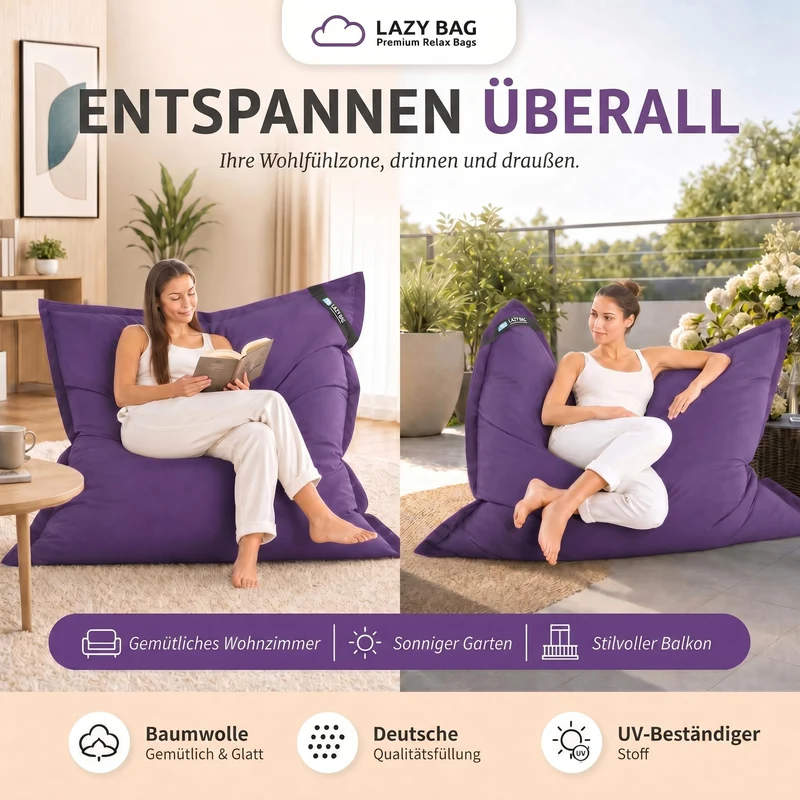 LazyBag XXL Sitzsack 180x140 cm aus Baumwolle – 360L Komfort
