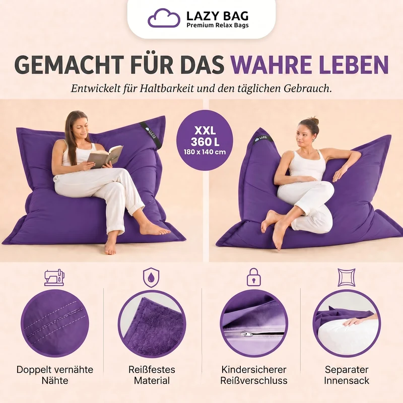 LazyBag XXL Sitzsack 180x140 cm aus Baumwolle – 360L Komfort