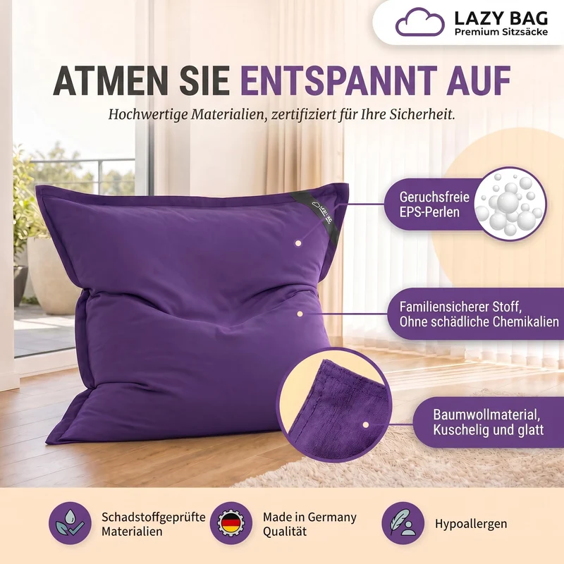 LazyBag XXL Sitzsack 180x140 cm aus Baumwolle – 360L Komfort