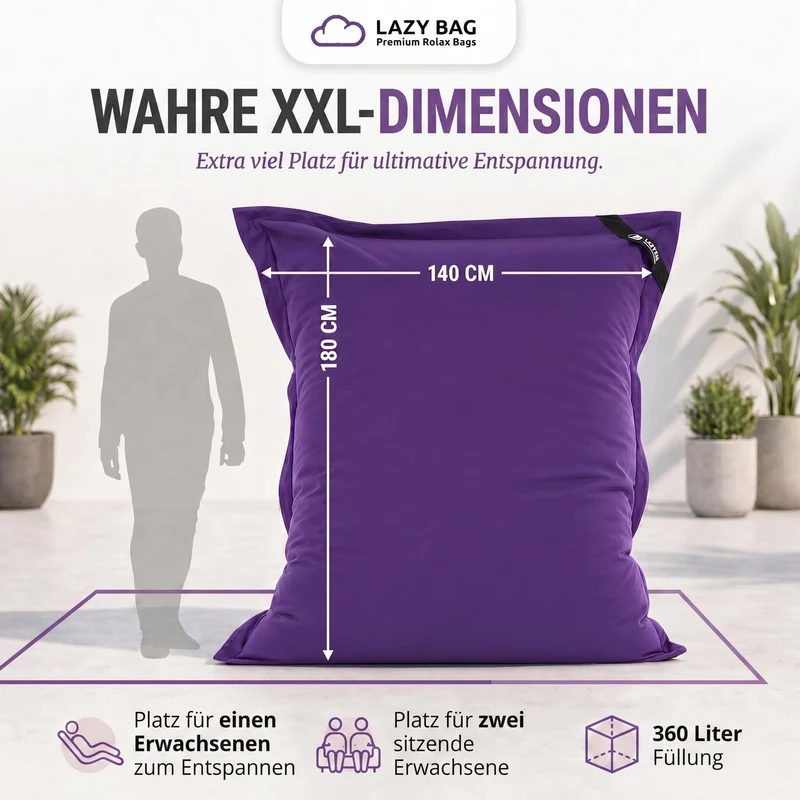LazyBag XXL Sitzsack 180x140 cm aus Baumwolle – 360L Komfort