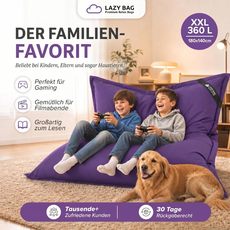 LazyBag XXL Sitzsack 180x140 cm aus Baumwolle – 360L Komfort
