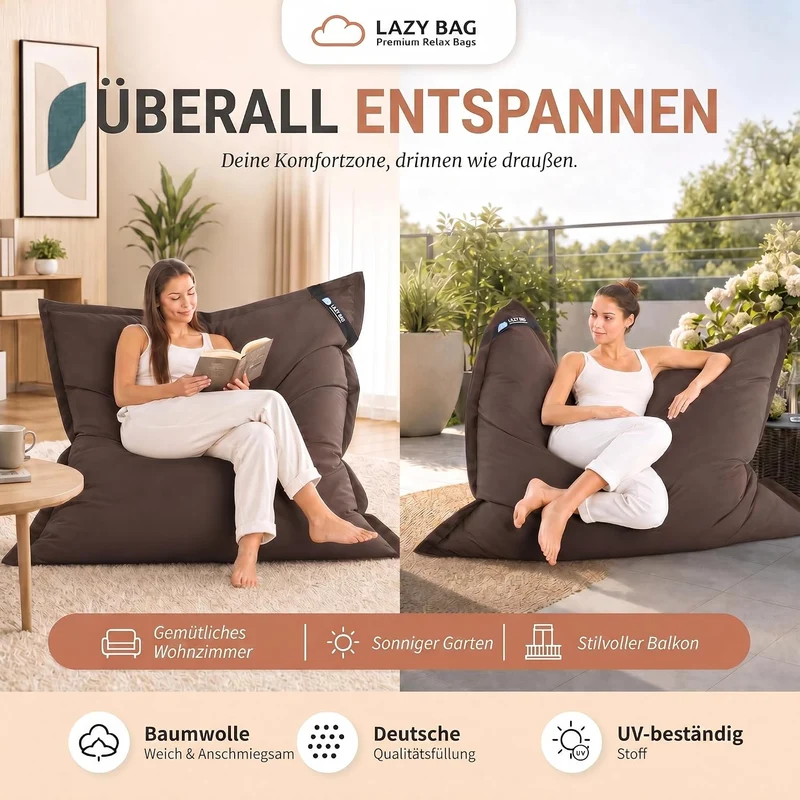 LazyBag XXL Sitzsack 180x140 cm aus Baumwolle – 360L Komfort