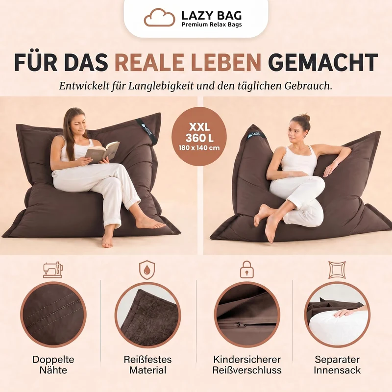 LazyBag XXL Sitzsack 180x140 cm aus Baumwolle – 360L Komfort