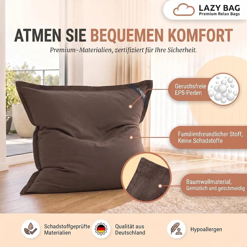 LazyBag XXL Sitzsack 180x140 cm aus Baumwolle – 360L Komfort