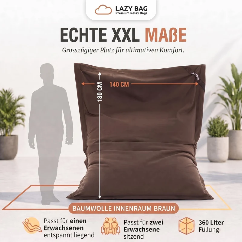 LazyBag XXL Sitzsack 180x140 cm aus Baumwolle – 360L Komfort