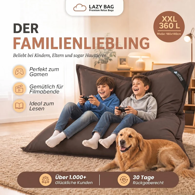 LazyBag XXL Sitzsack 180x140 cm aus Baumwolle – 360L Komfort