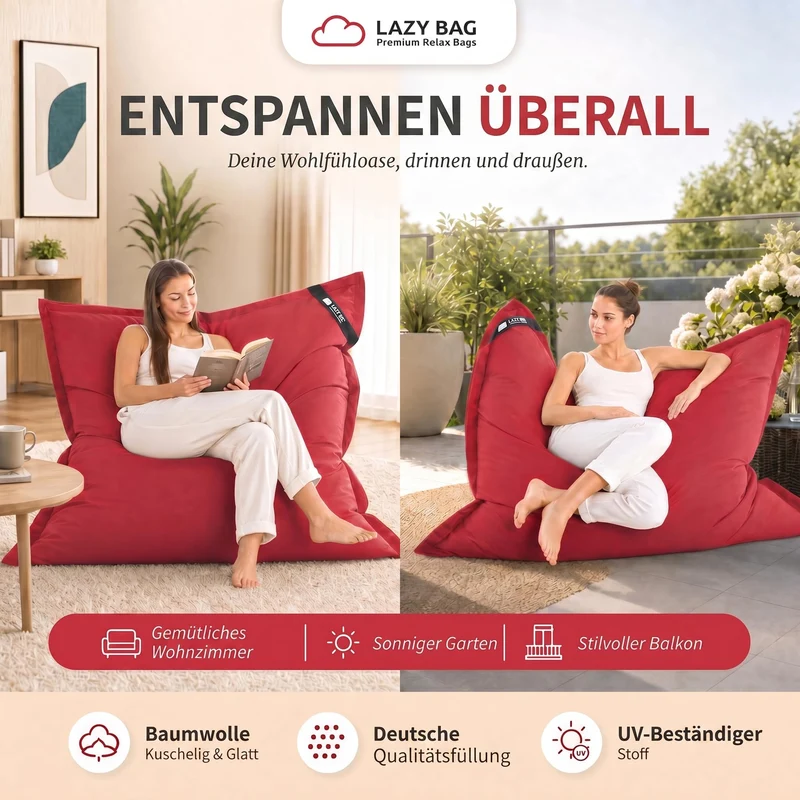 LazyBag XXL Sitzsack 180x140 cm aus Baumwolle – 360L Komfort