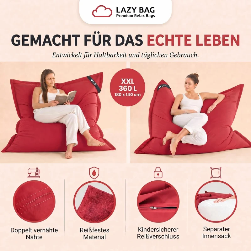 LazyBag XXL Sitzsack 180x140 cm aus Baumwolle – 360L Komfort