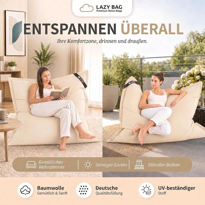 LazyBag XXL Sitzsack 180x140 cm aus Baumwolle – 360L Komfort