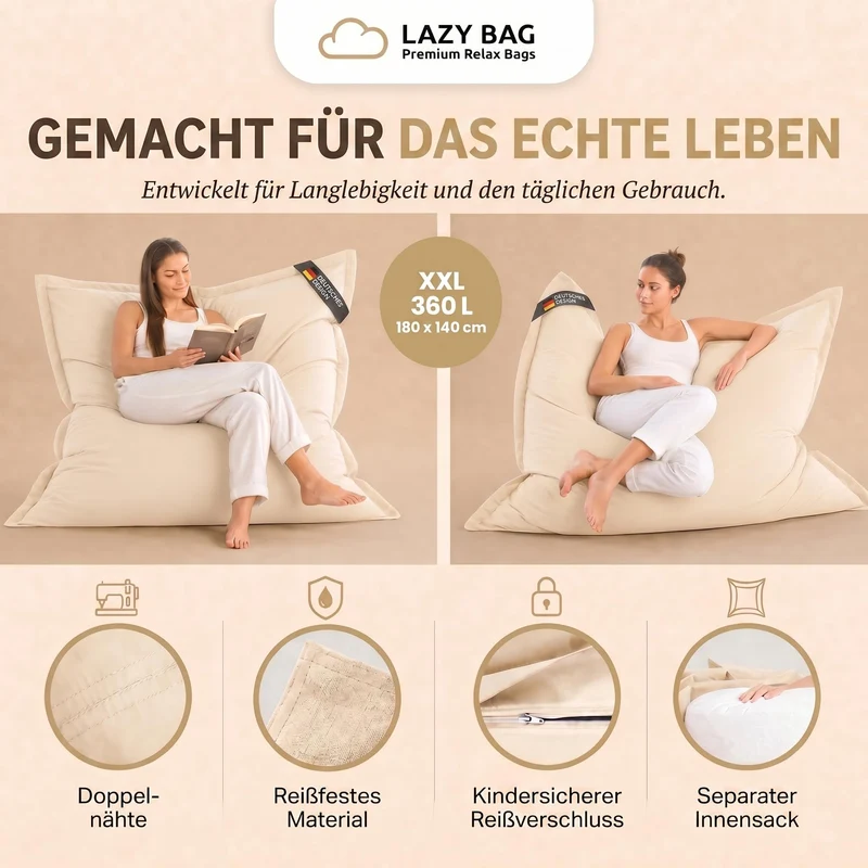 LazyBag XXL Sitzsack 180x140 cm aus Baumwolle – 360L Komfort