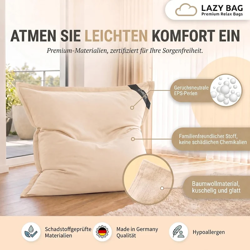 LazyBag XXL Sitzsack 180x140 cm aus Baumwolle – 360L Komfort