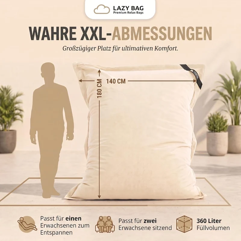 LazyBag XXL Sitzsack 180x140 cm aus Baumwolle – 360L Komfort