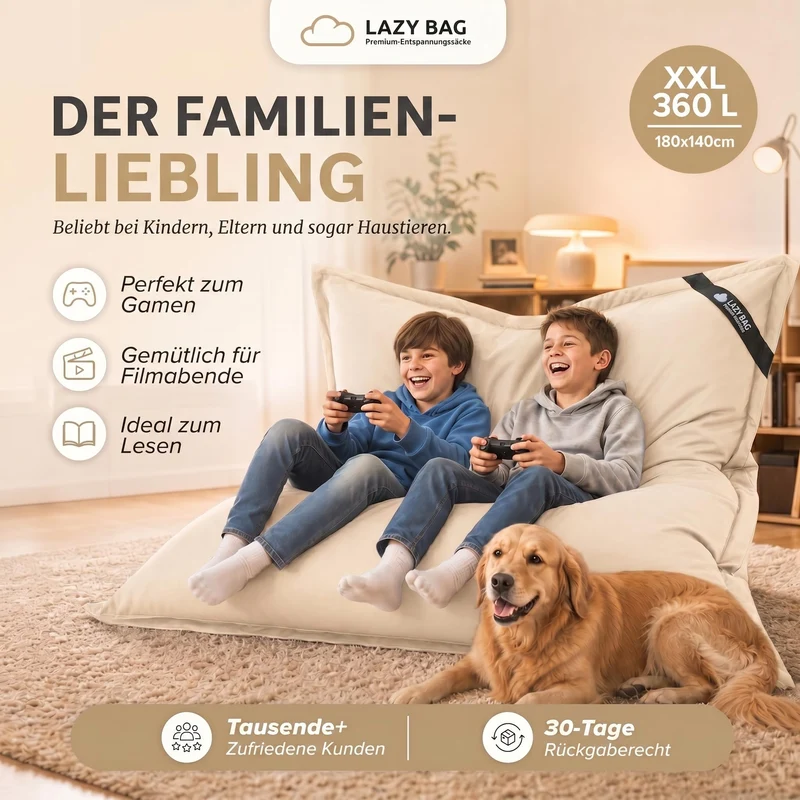 LazyBag XXL Sitzsack 180x140 cm aus Baumwolle – 360L Komfort