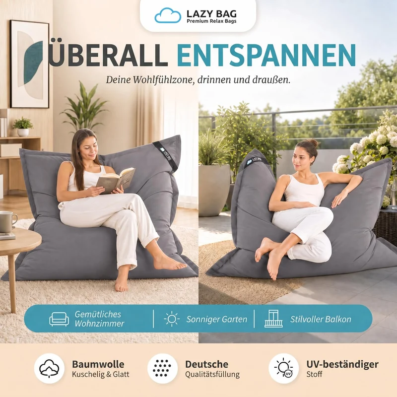 LazyBag XXL Sitzsack 180x140 cm aus Baumwolle – 360L Komfort
