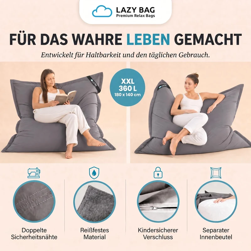 LazyBag XXL Sitzsack 180x140 cm aus Baumwolle – 360L Komfort