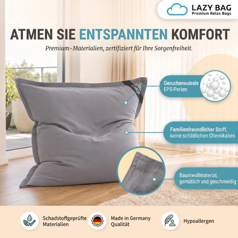 LazyBag XXL Sitzsack 180x140 cm aus Baumwolle – 360L Komfort