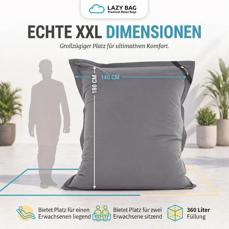 LazyBag XXL Sitzsack 180x140 cm aus Baumwolle – 360L Komfort