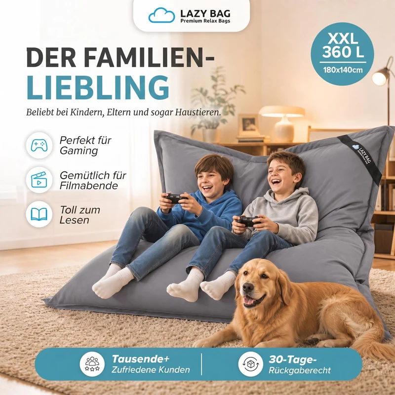 LazyBag XXL Sitzsack 180x140 cm aus Baumwolle – 360L Komfort
